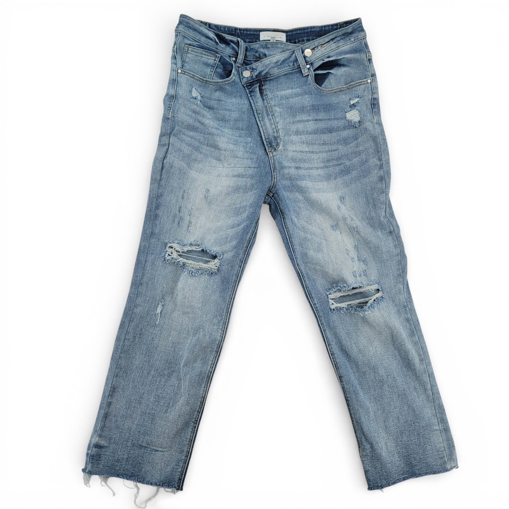Risen Womens 1XL High‎ Rise Straight Jeans Cotton Blend Blue Distressed